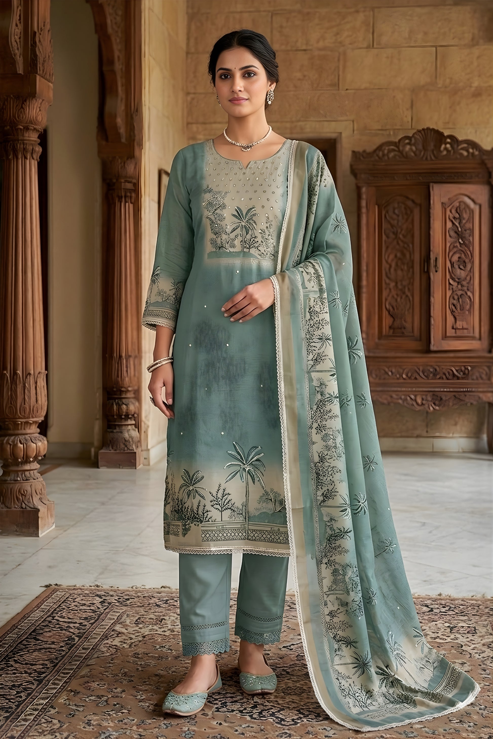 Admirable Teal Blue Linen Cotton Semi-Stitched Straight Salwar Suit with Printed Dupatta