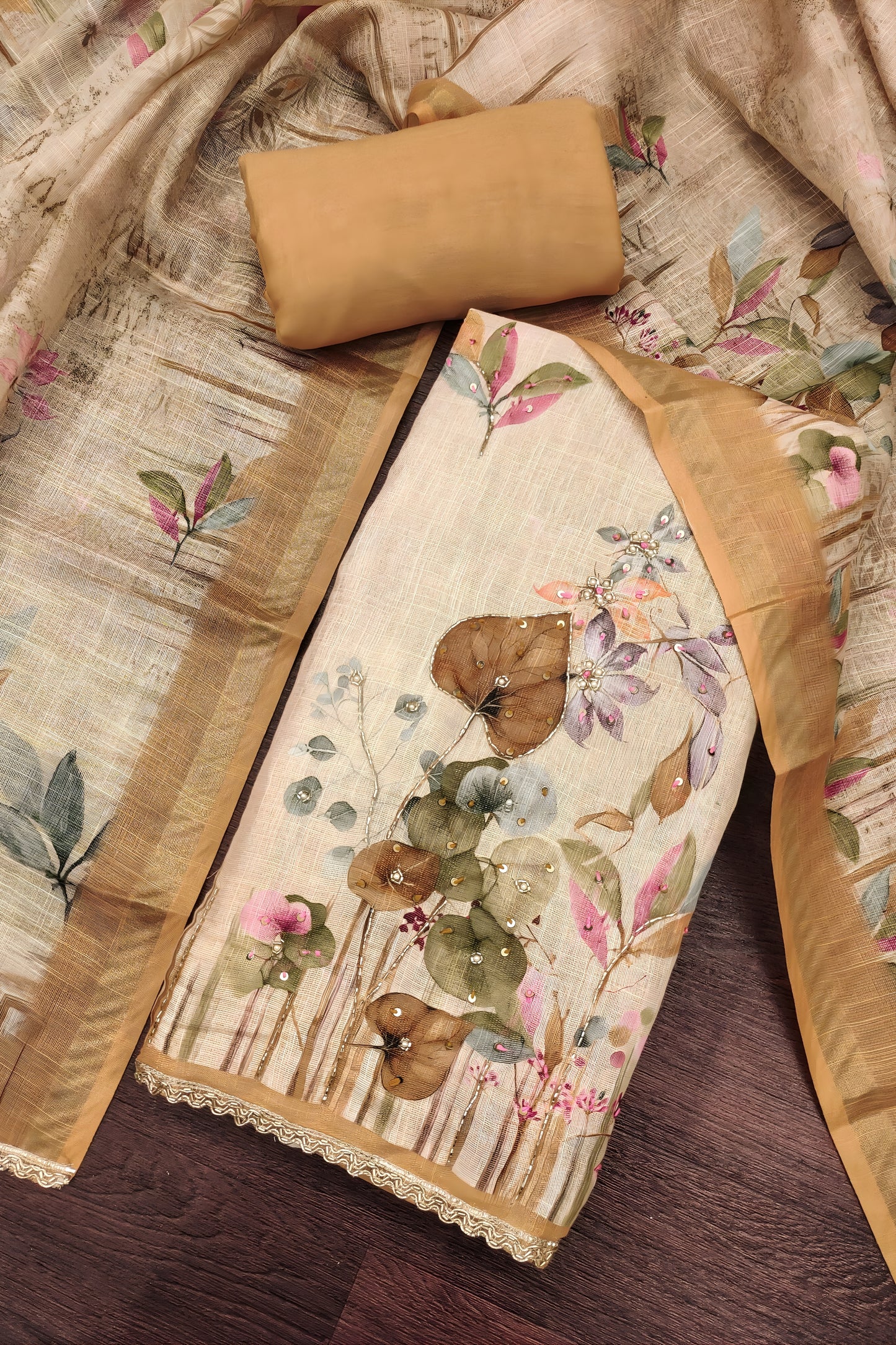 Traditional Peach Linen Cotton Semi-Stitched Straight Salwar Suit with Digital Printed Dupatta