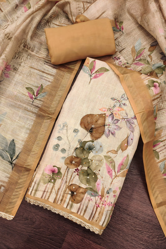 Traditional Peach Linen Cotton Semi-Stitched Straight Salwar Suit with Digital Printed Dupatta