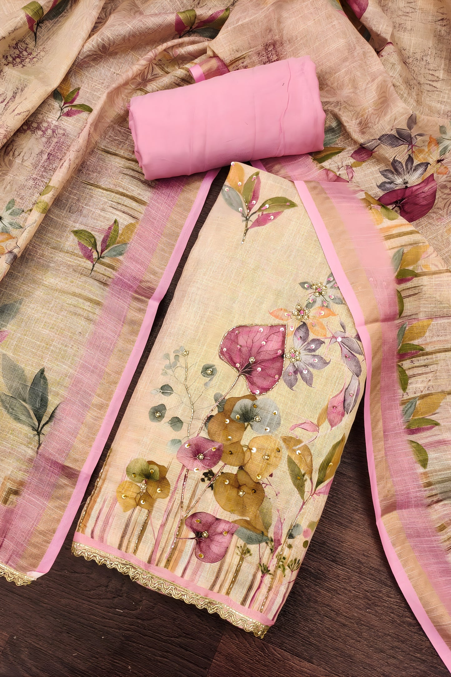 Beautiful Pink Linen Cotton Semi-Stitched Straight Salwar Suit with Digital Printed Dupatta