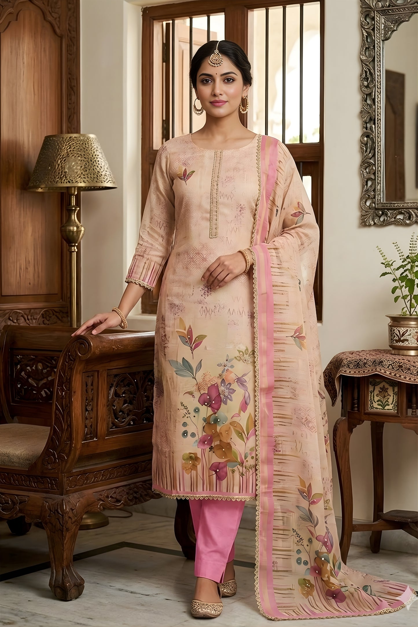 Beautiful Pink Linen Cotton Semi-Stitched Straight Salwar Suit with Digital Printed Dupatta
