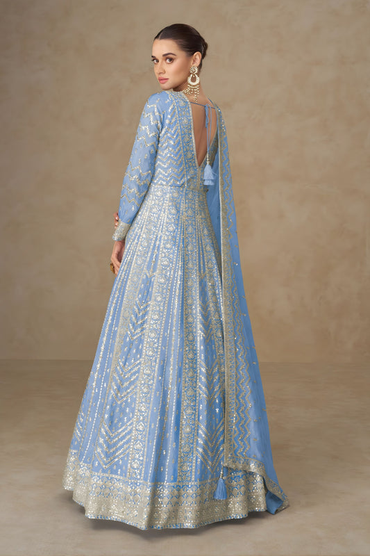 Royal Sky Blue Georgette Embroidered Gown Designer Dupatta for Wedding