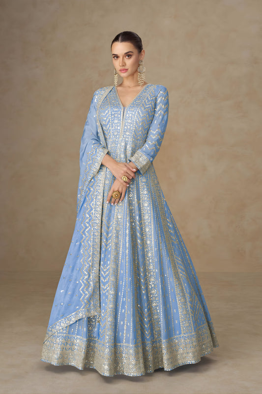 Royal Sky Blue Georgette Embroidered Anarkali Gown Designer Dupatta for Wedding