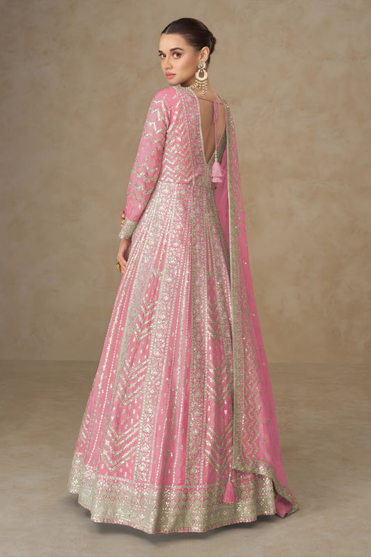 Beautiful Pink Georgette Embroidered Gown with Designer Dupatta for Wedding