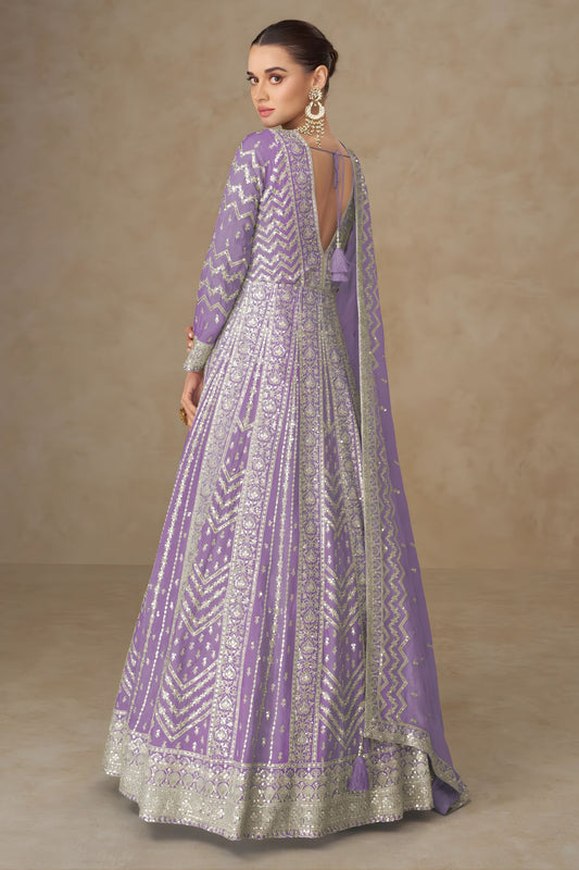 Wonderfull Lavender Georgette Embroidered Gown with Designer Dupatta for Wedding