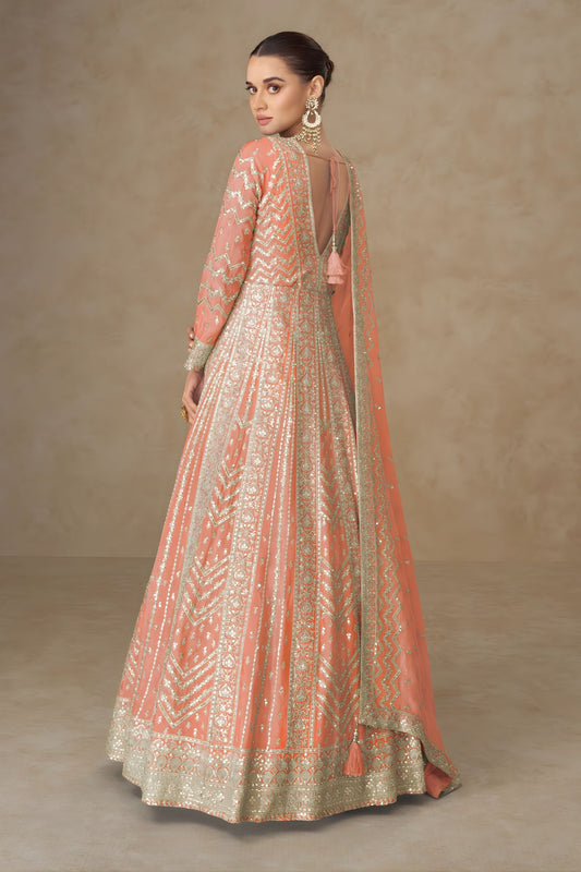 Luxury Orange Georgette Embroidered Gown Designer Dupatta Wedding Wear