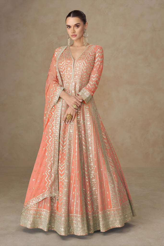 Luxury Orange Georgette Embroidered Gown Designer Dupatta Wedding Wear