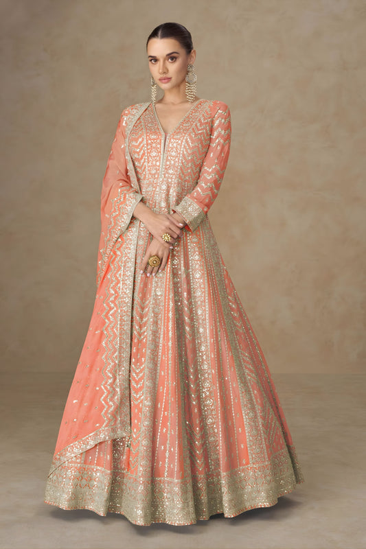 Luxury Orange Georgette Embroidered Gown Designer Dupatta Wedding Wear