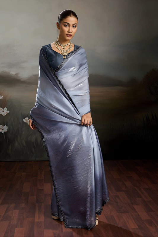 Elegant Grey Satin Silk Saree with Designer Lace Border for Party Wear