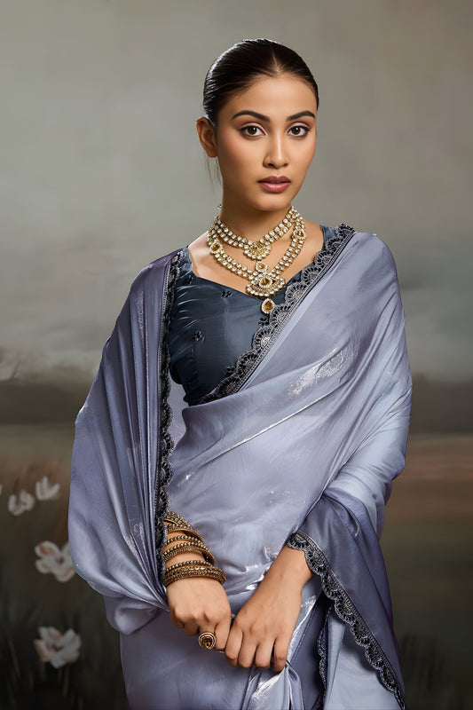 Elegant Grey Satin Silk Saree with Designer Lace Border for Party Wear