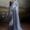 Elegant Grey Satin Silk Saree Designer Lace Border for Party Wear