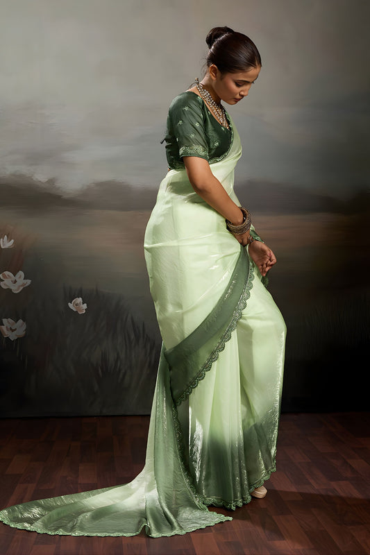 Beautiful Pista Green Satin Silk Saree with Designer Lace Border for Party Wear