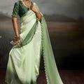 Beautiful Pista Green Satin Silk Saree with Designer Lace Border for Party Wear