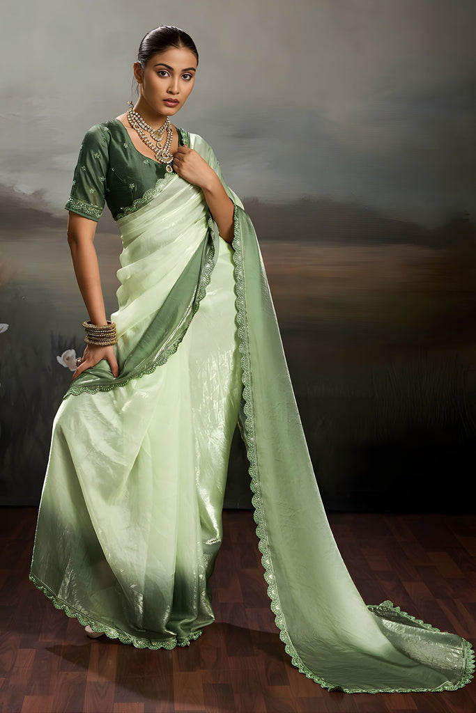 Beautiful Pista Green Satin Silk Saree with Designer Lace Border for Party Wear