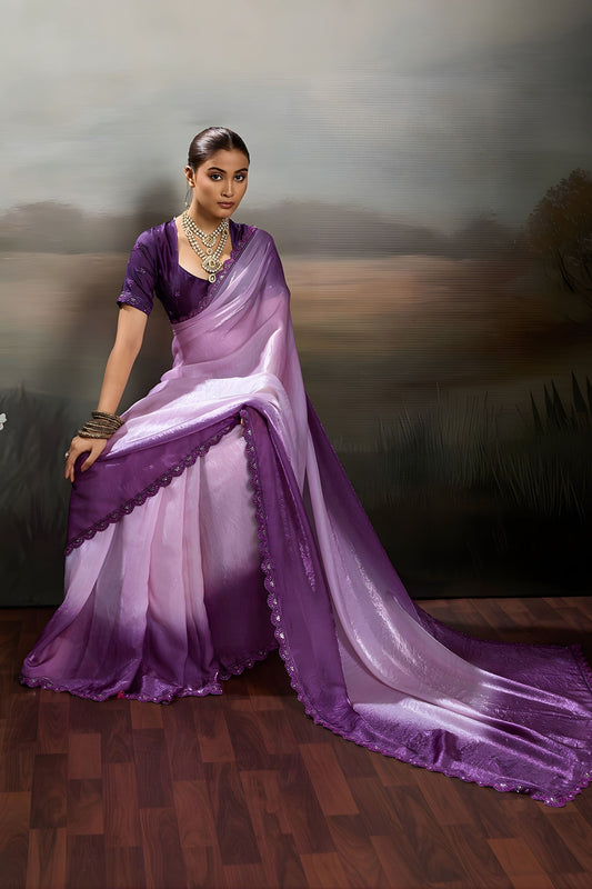 Wonderful Lavender Purple Satin Silk Saree Designer Lace Border for Party Wear