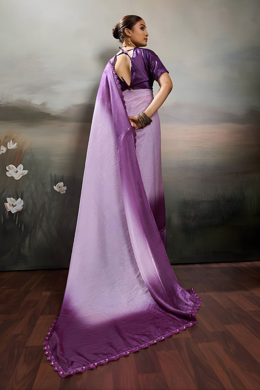 Wonderful Lavender Purple Satin Silk Saree Designer Lace Border for Party Wear