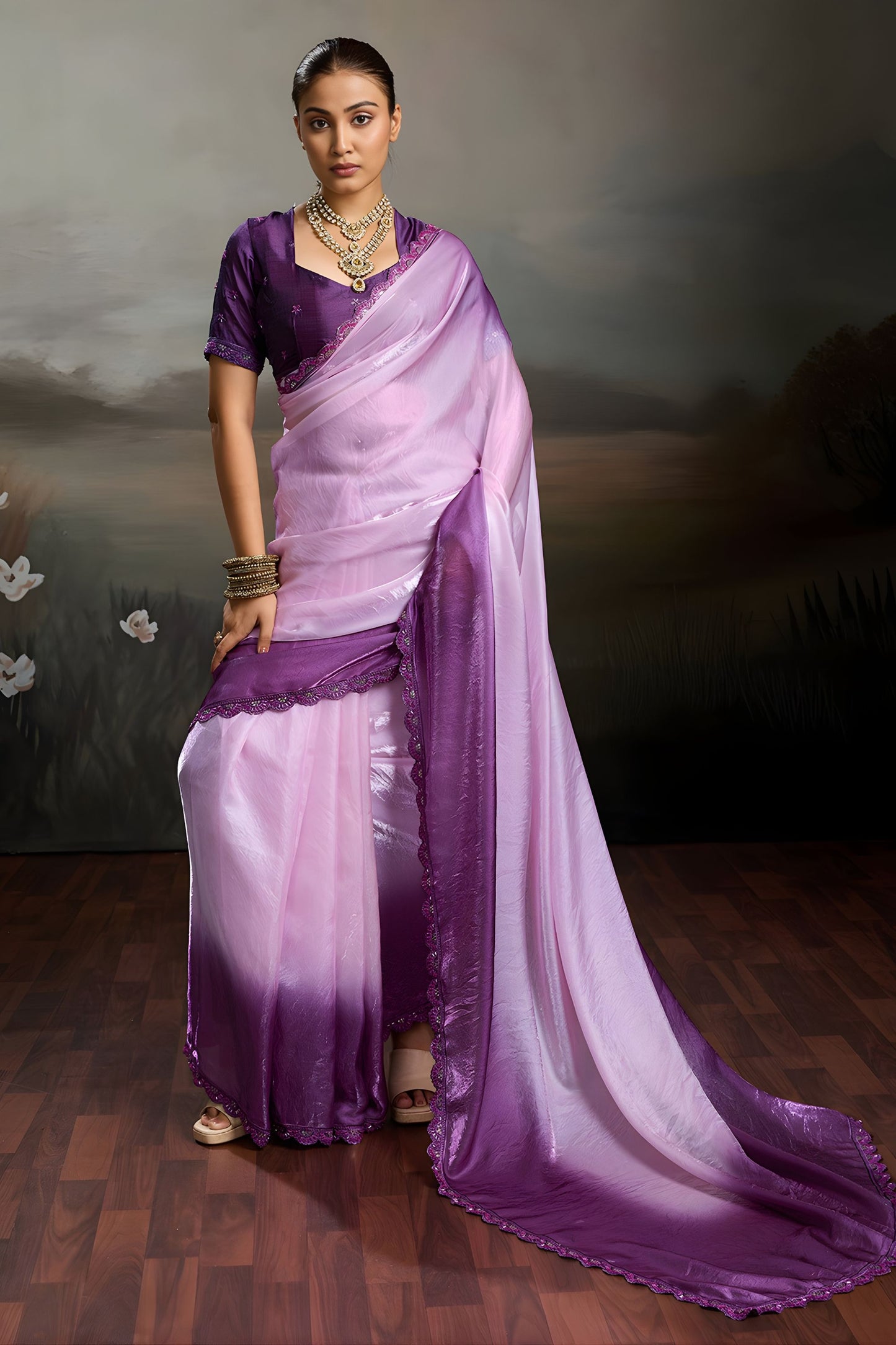 Wonderful Lavender Purple Satin Silk Saree Designer Lace Border for Party Wear
