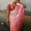 Elegant Baby Pink Satin Silk Saree with Scalloped Lace Border for Wedding