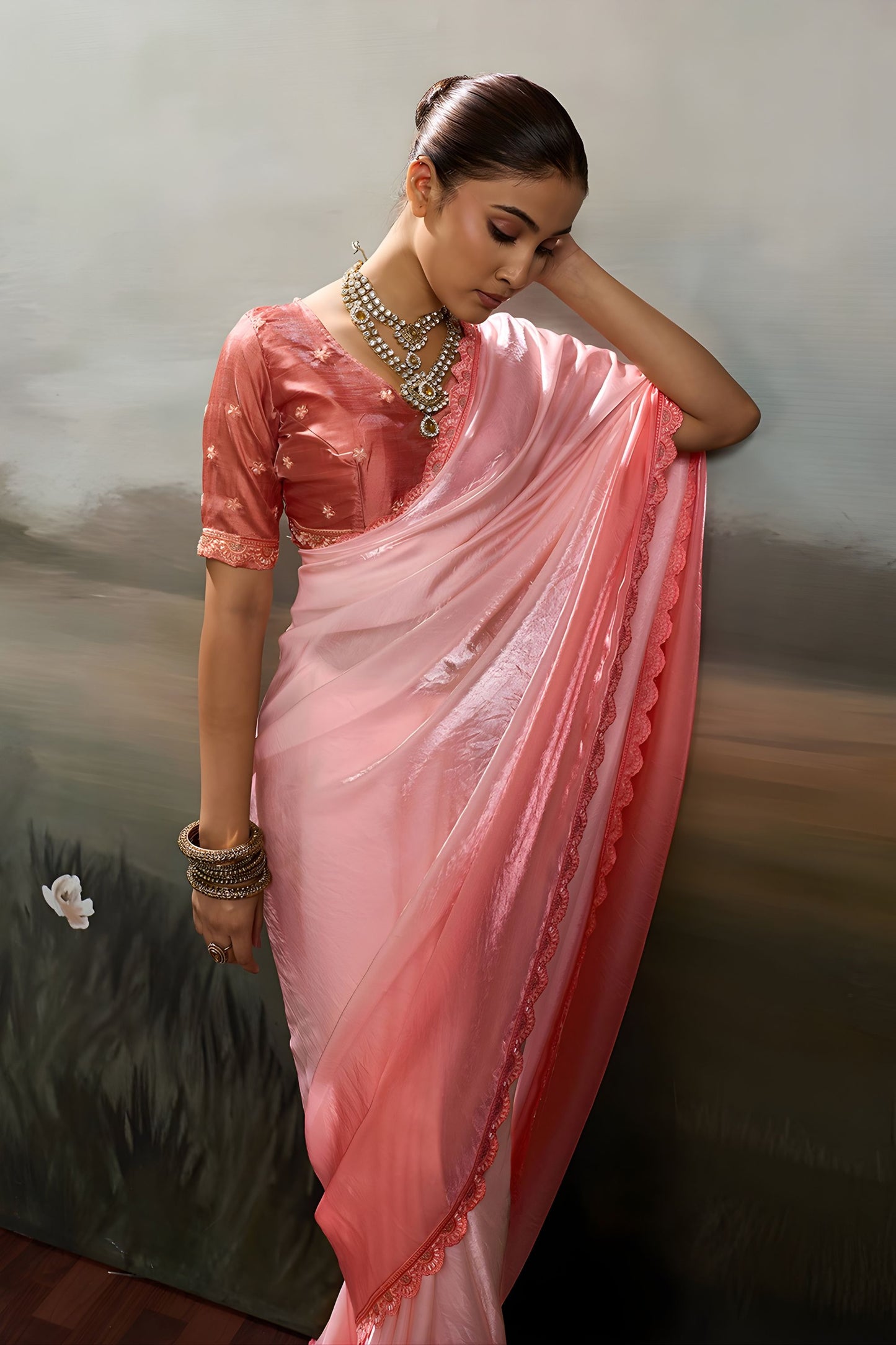 Elegant Baby Pink Satin Silk Saree with Scalloped Lace Border for Wedding