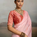 Elegant Baby Pink Satin Silk Saree with Scalloped Lace Border for Wedding