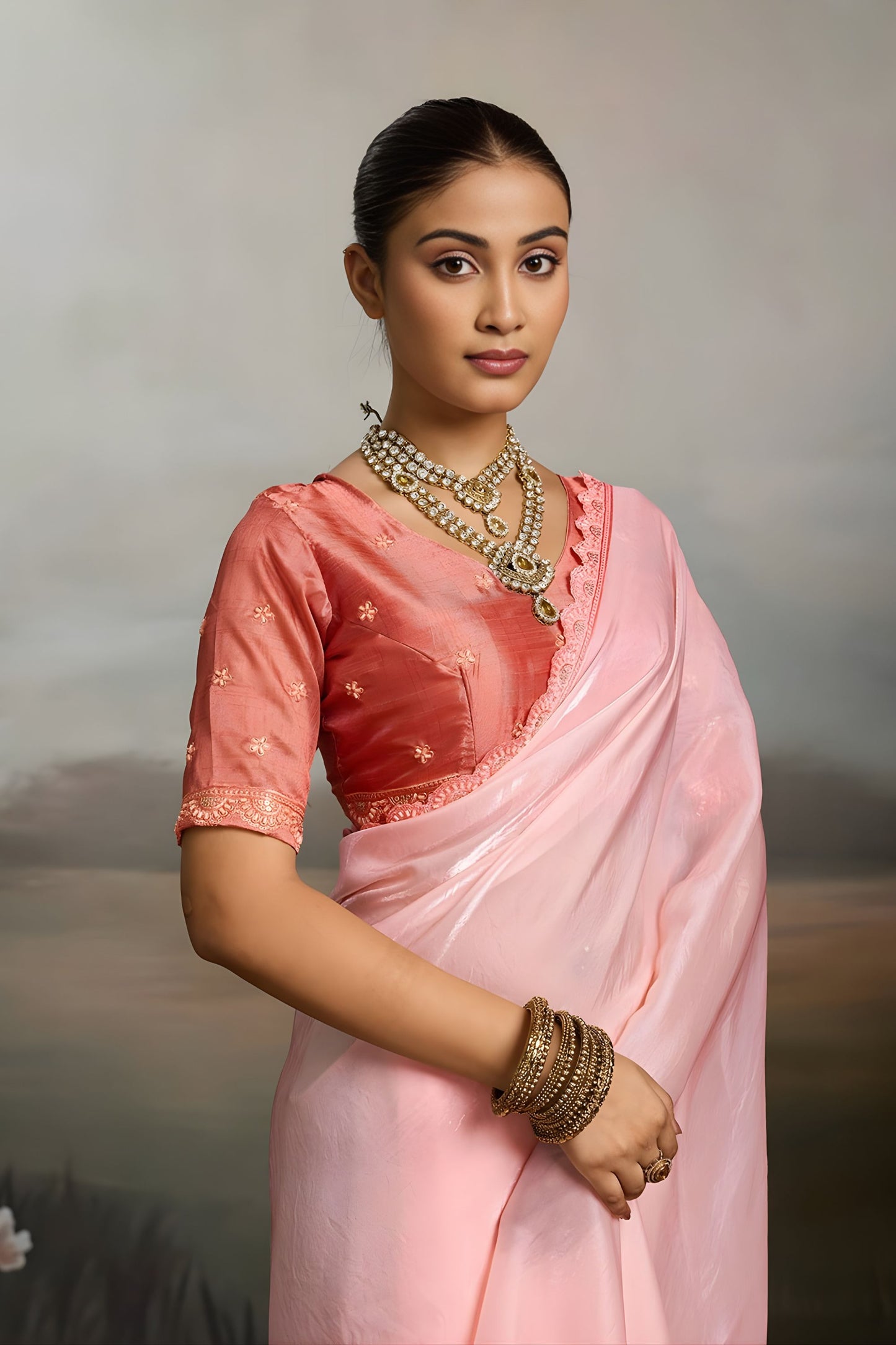 Elegant Baby Pink Satin Silk Saree with Scalloped Lace Border for Wedding