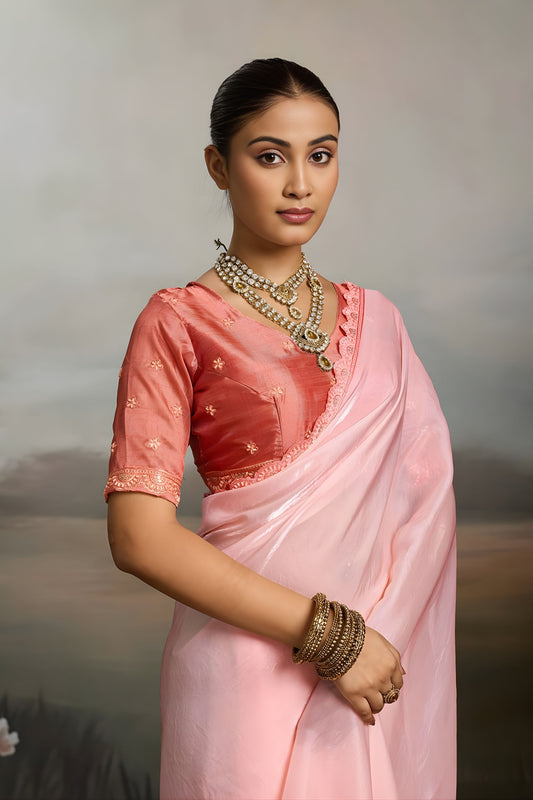 Elegant Baby Pink Satin Silk Saree with Scalloped Lace Border for Wedding