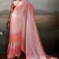 Elegant Baby Pink Satin Silk Saree with Scalloped Lace Border for Wedding