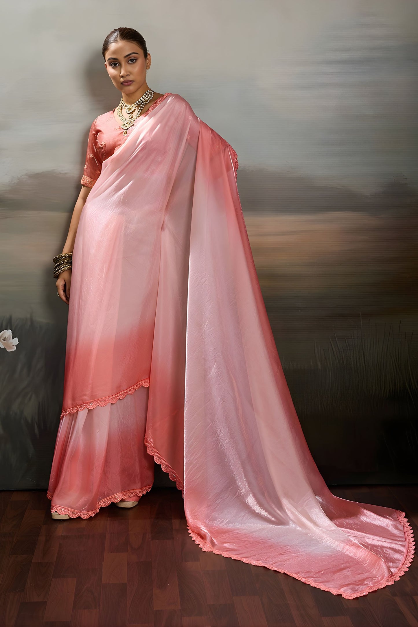 Elegant Baby Pink Satin Silk Saree with Scalloped Lace Border for Wedding