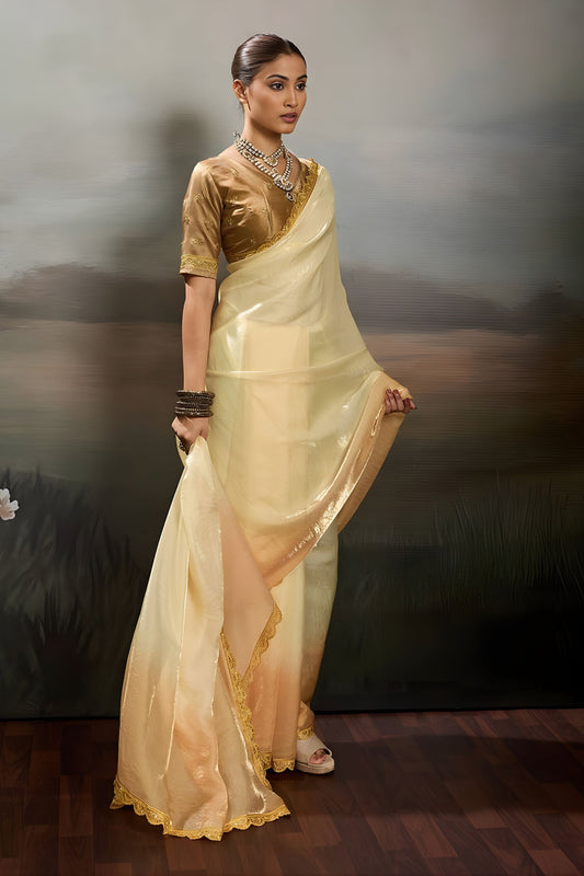 Elegant Cream Satin Silk Saree Designer Lace Border for Party Wear