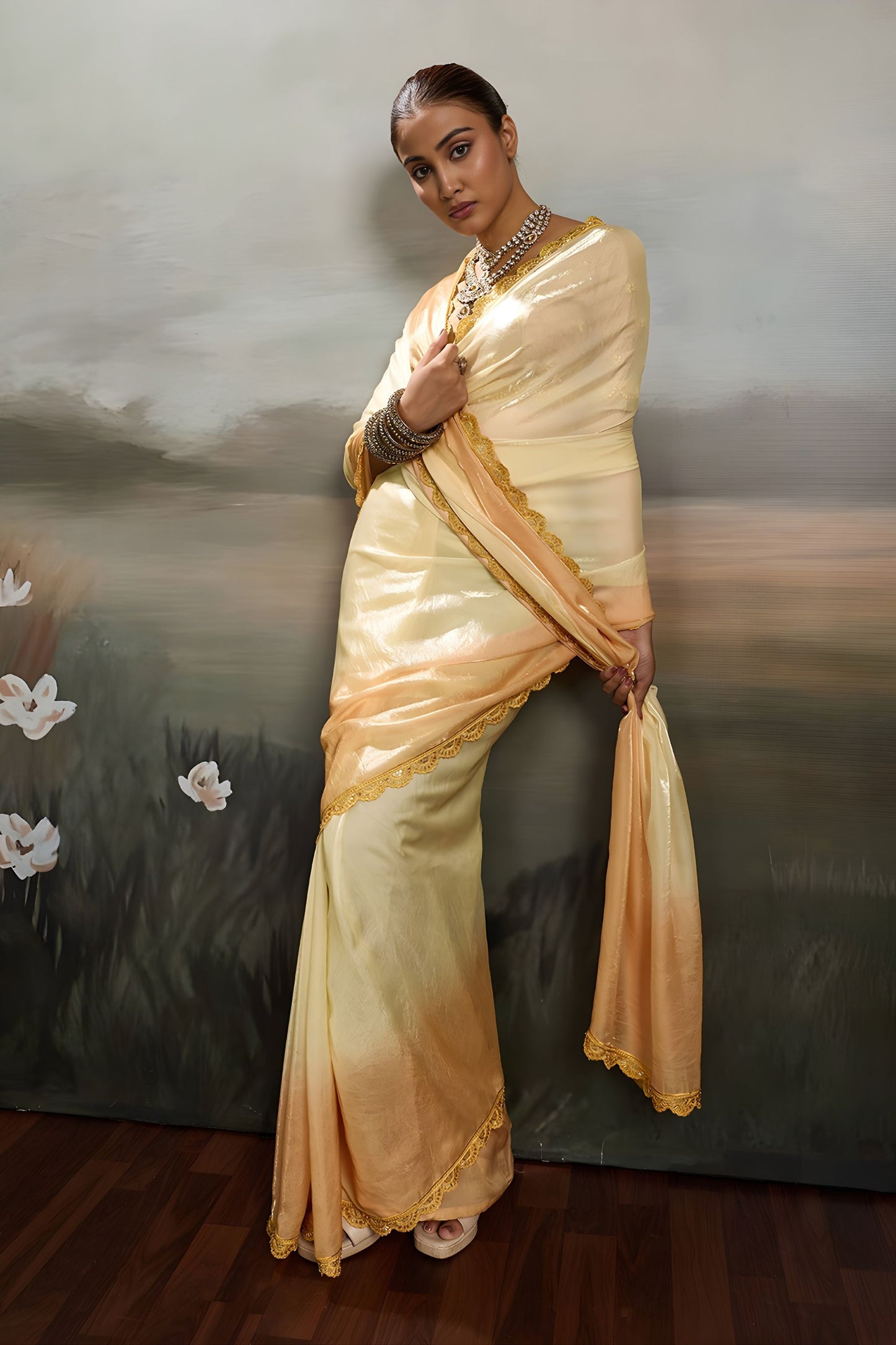 Elegant Cream Satin Silk Saree Designer Lace Border for Party Wear