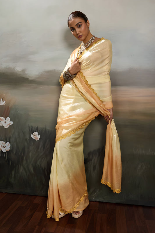 Elegant Cream Satin Silk Saree Designer Lace Border for Party Wear