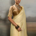 Elegant Cream Satin Silk Saree Designer Lace Border for Party Wear
