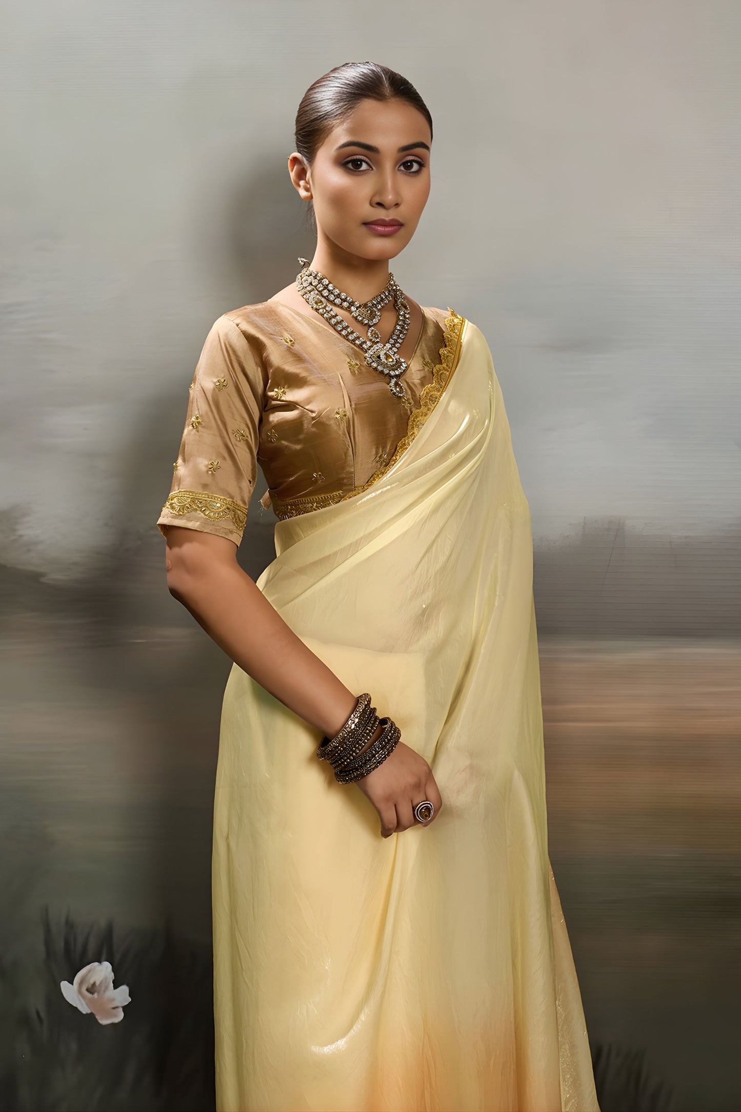 Elegant Cream Satin Silk Saree Designer Lace Border for Party Wear
