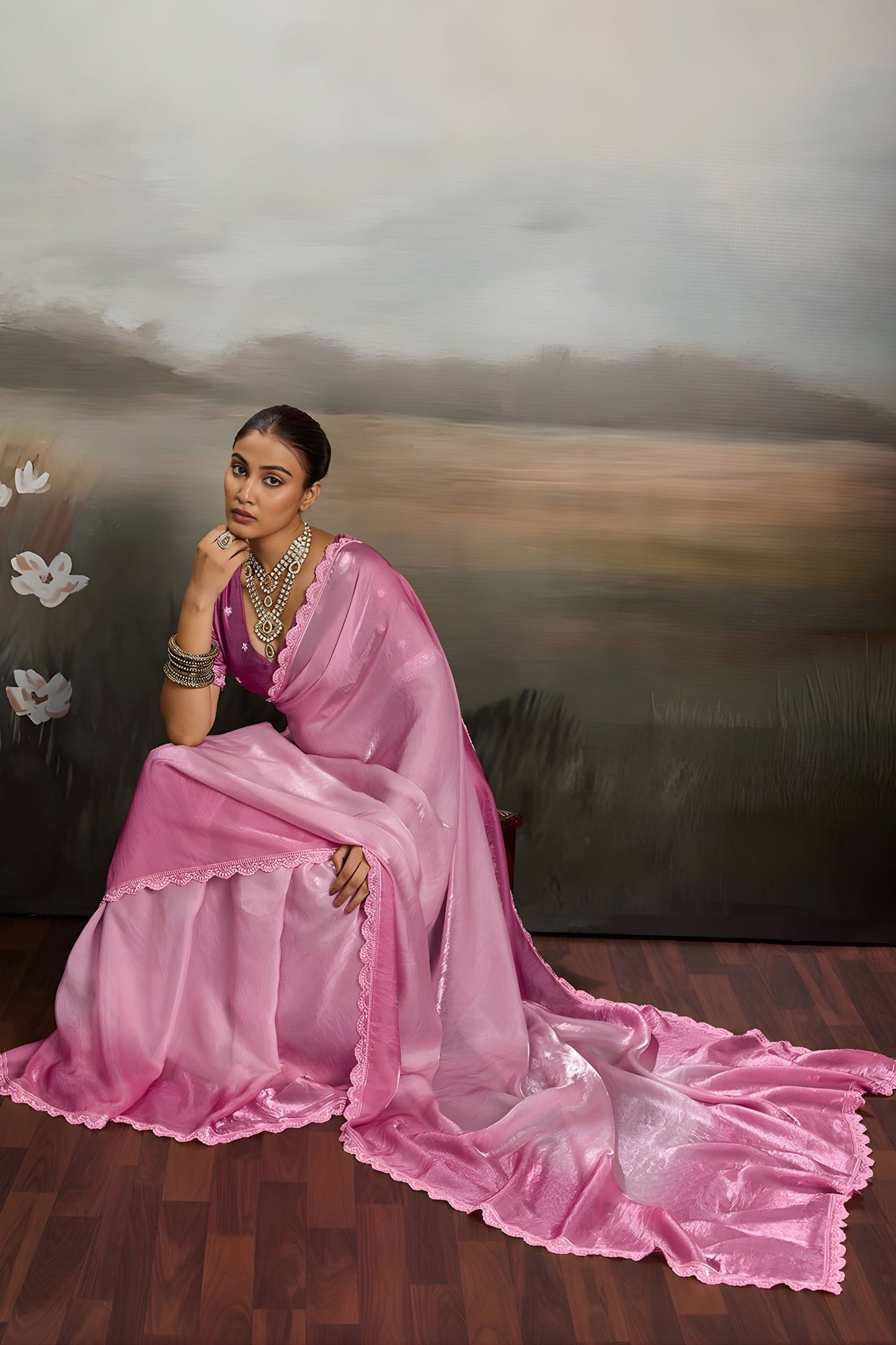 Vibrant Pink Satin Silk Saree Designer Lace Border for Party Wear