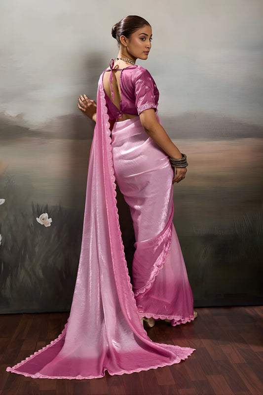Vibrant Pink Satin Silk Saree Designer Lace Border for Party Wear
