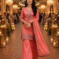Elegant Peach Roman Simmer Embroidered Palazzo Suit Designer Dupatta for Wedding