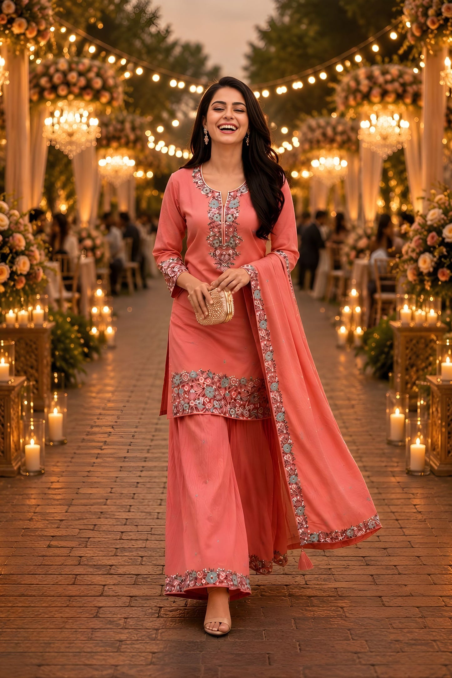 Elegant Peach Roman Simmer Embroidered Palazzo Suit Designer Dupatta for Wedding