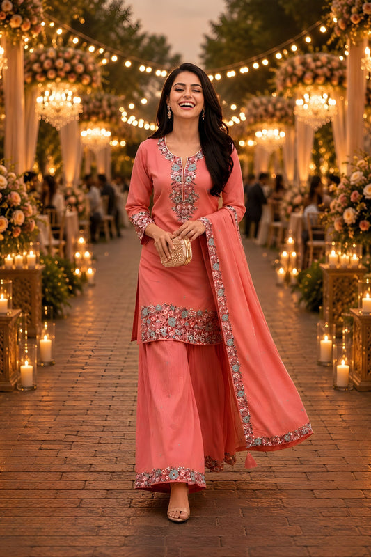 Elegant Peach Roman Simmer Embroidered Palazzo Suit Designer Dupatta for Wedding