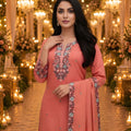 Elegant Peach Roman Simmer Embroidered Palazzo Suit Designer Dupatta for Wedding