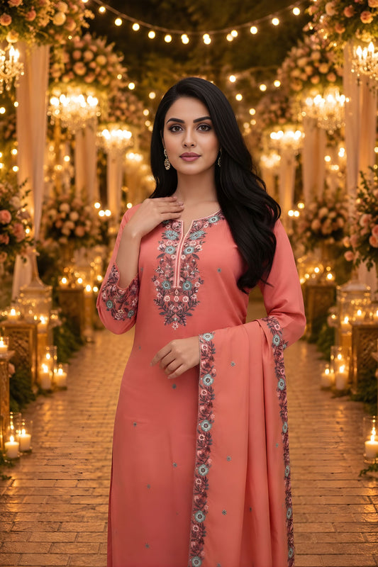 Elegant Peach Roman Simmer Embroidered Palazzo Suit Designer Dupatta for Wedding
