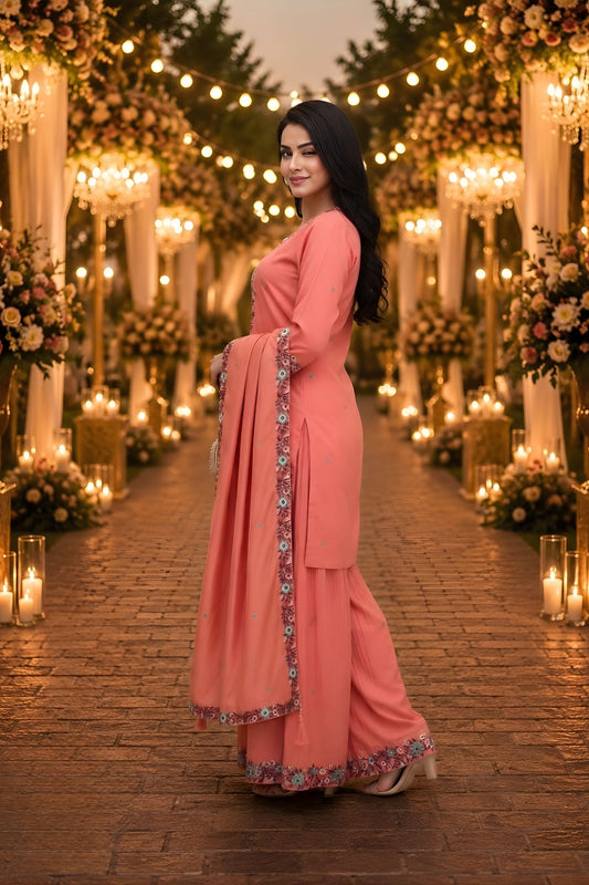 Elegant Peach Roman Simmer Embroidered Palazzo Suit Designer Dupatta for Wedding