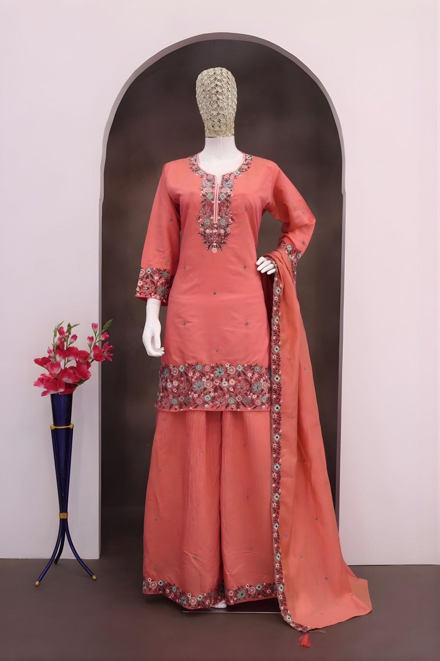 Elegant Peach Roman Simmer Embroidered Palazzo Suit Designer Dupatta for Wedding