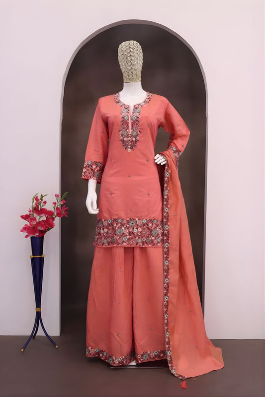 Elegant Peach Roman Simmer Embroidered Palazzo Suit Designer Dupatta for Wedding
