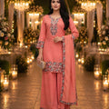 Elegant Peach Roman Simmer Embroidered Palazzo Suit Designer Dupatta for Wedding