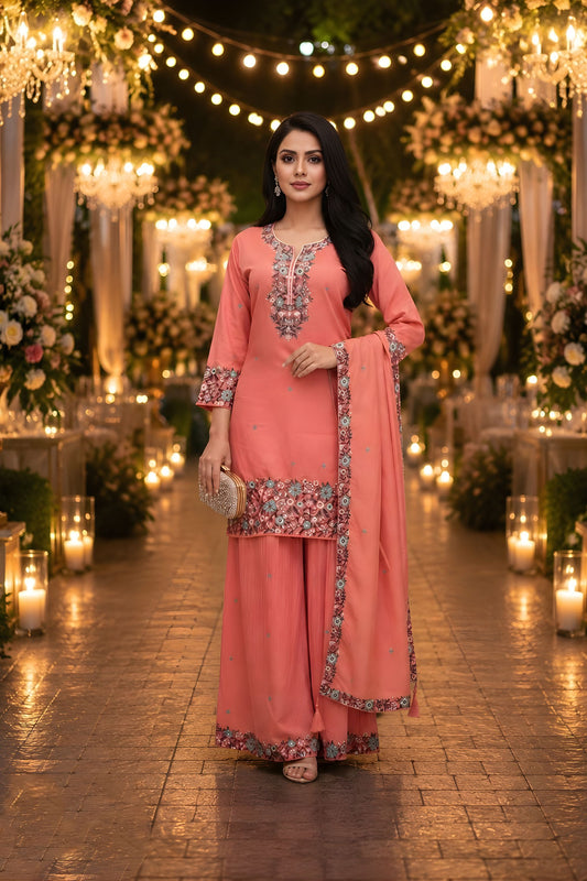 Elegant Peach Roman Simmer Embroidered Palazzo Suit Designer Dupatta for Wedding