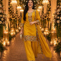 Elegant Mustard Yellow Roman Simmer Embroidered Palazzo Suit Designer Dupatta