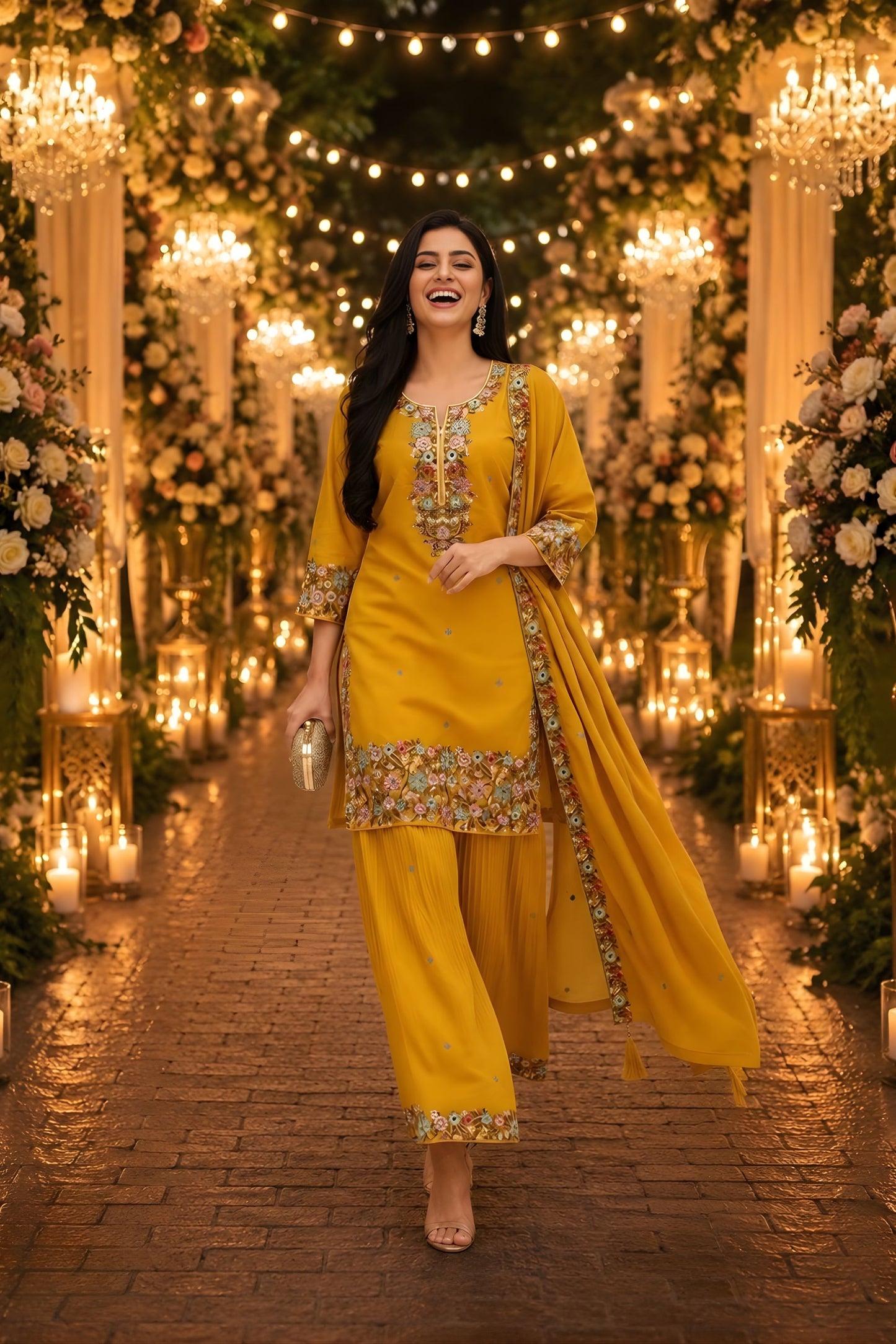 Elegant Mustard Yellow Roman Simmer Embroidered Palazzo Suit Designer Dupatta