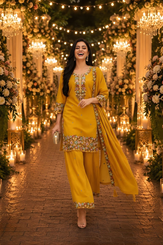 Elegant Mustard Yellow Roman Simmer Embroidered Palazzo Suit Designer Dupatta