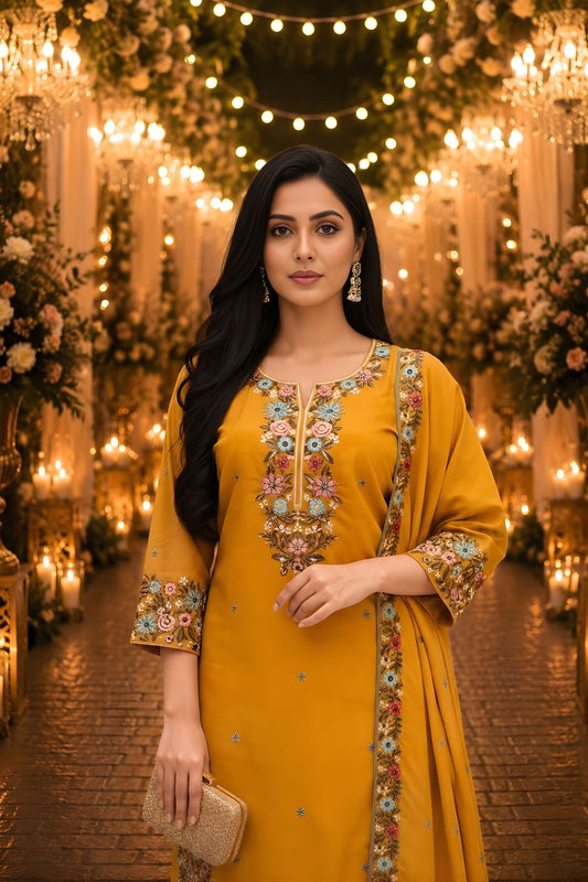 Elegant Mustard Yellow Roman Simmer Embroidered Palazzo Suit Designer Dupatta