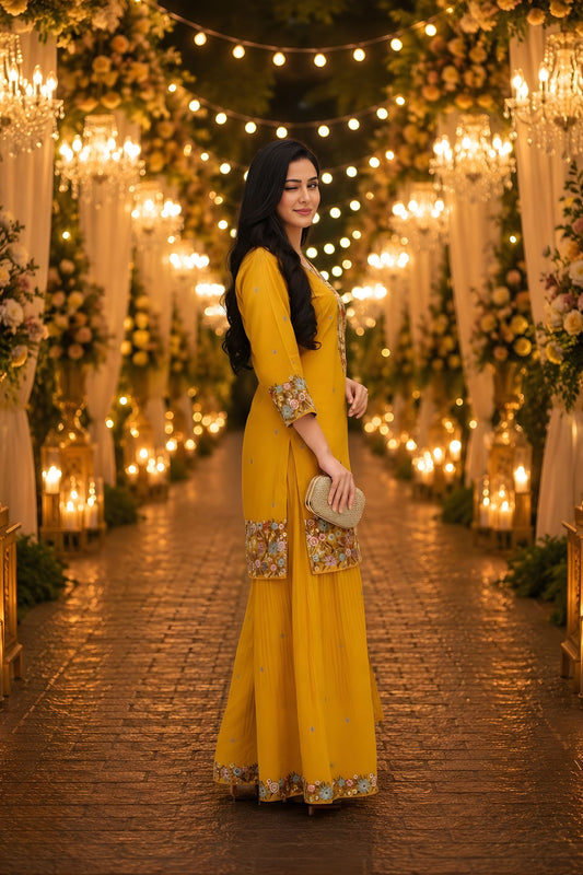 Elegant Mustard Yellow Roman Simmer Embroidered Palazzo Suit Designer Dupatta